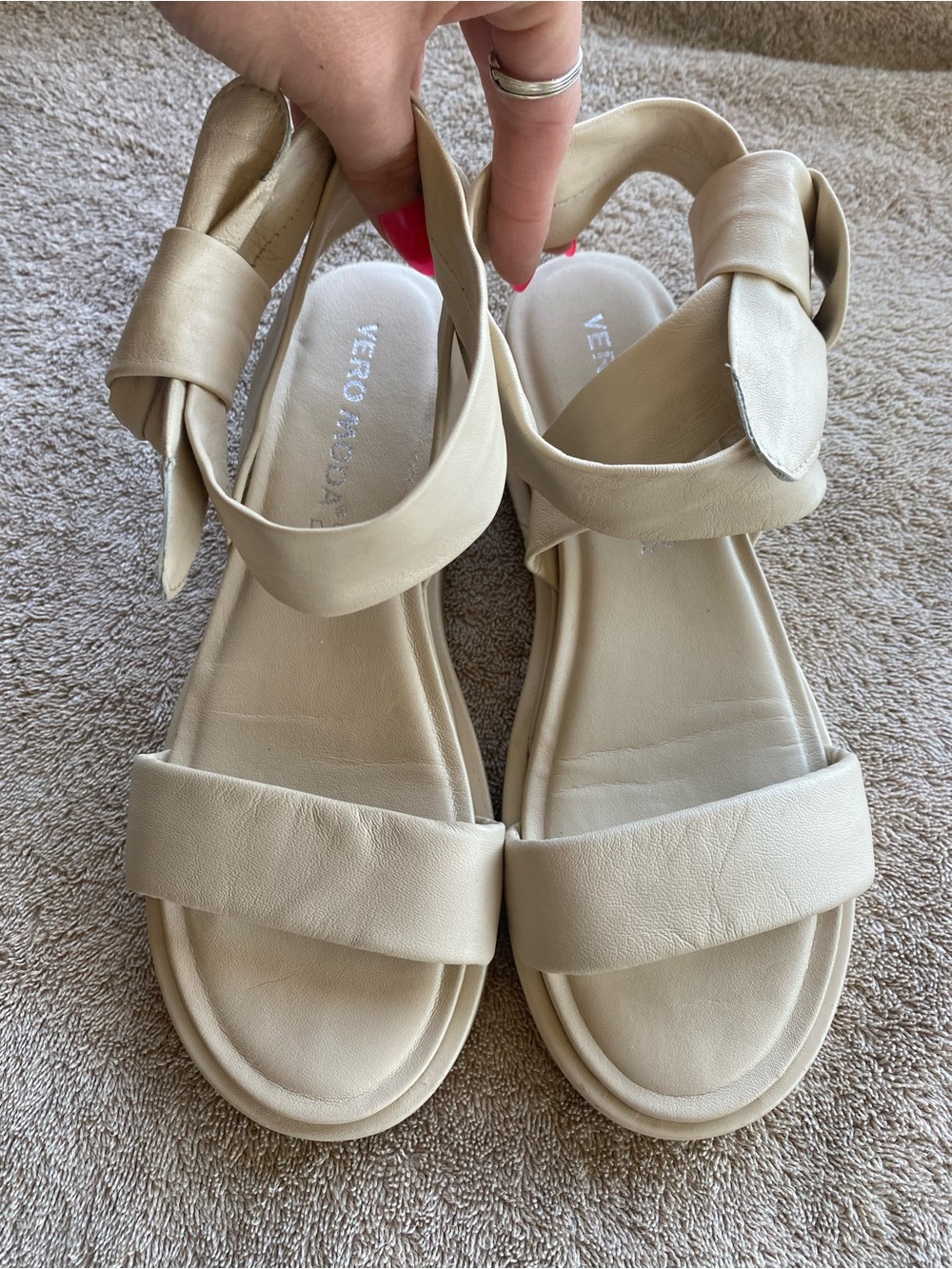Vero Moda "Vmlay" Padded Leather Tie-Up Sandals - Cream/Beige 7